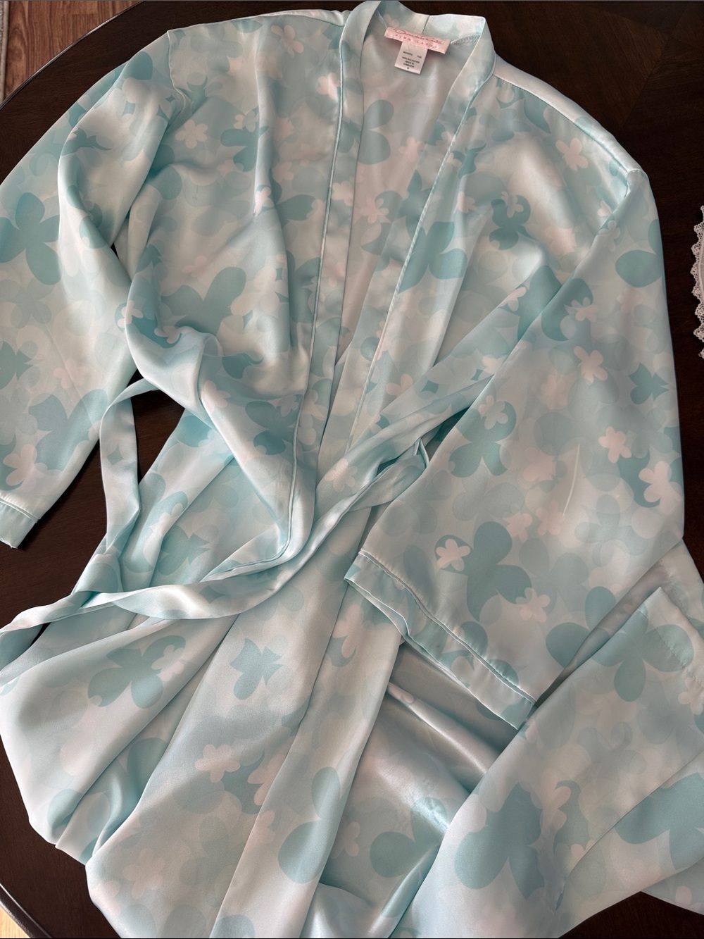 Oscar de la Renta Powder Blue and White Floral Satin Maxi Robe 2 pockets